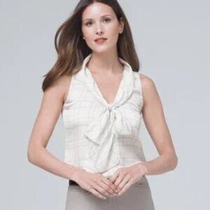 NWT WHBM Tie Neck Charm Shell Sleeveless White & Black Plaid Women's Size Small